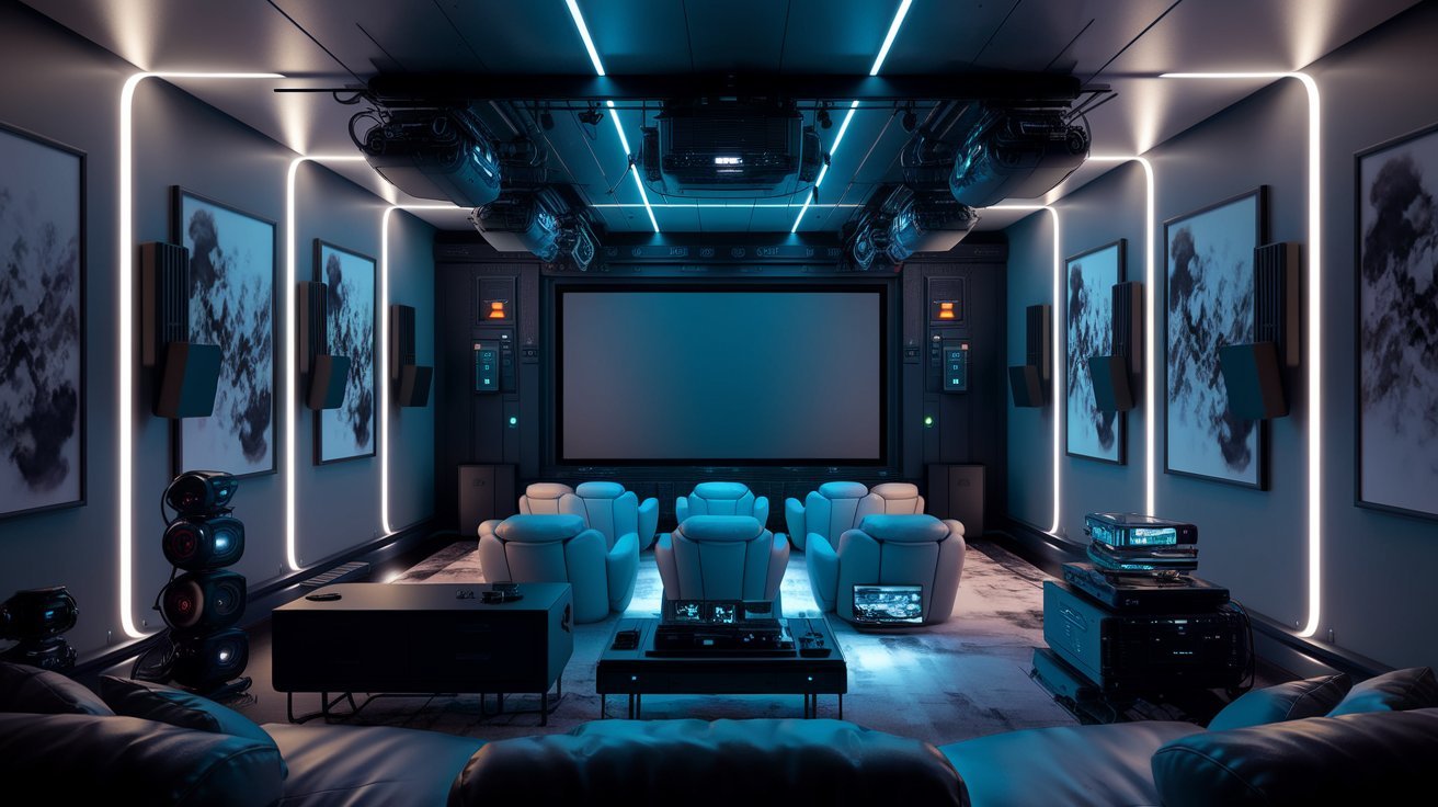 a futuristic multi home channel theatre with a shining effect